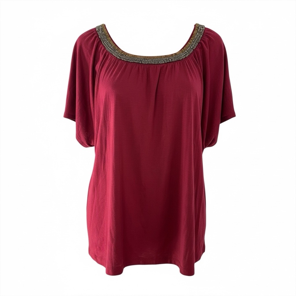Beverly Drive Burgundy Short Sleeve Blouse with Embellished Beaded Neckline 1X